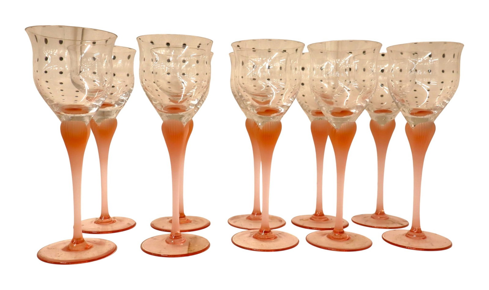Set 10 Vintage Mikasa Sea Mist Coral Goblets 9.25: Set of 10 vintage 1980s Mikasa "Sea Mist Coral" wine goblets. Clear trumpet bowls on fluted, frosted coral pink stems. Crafted in West Germany. Excellent condition. 9.25"H.