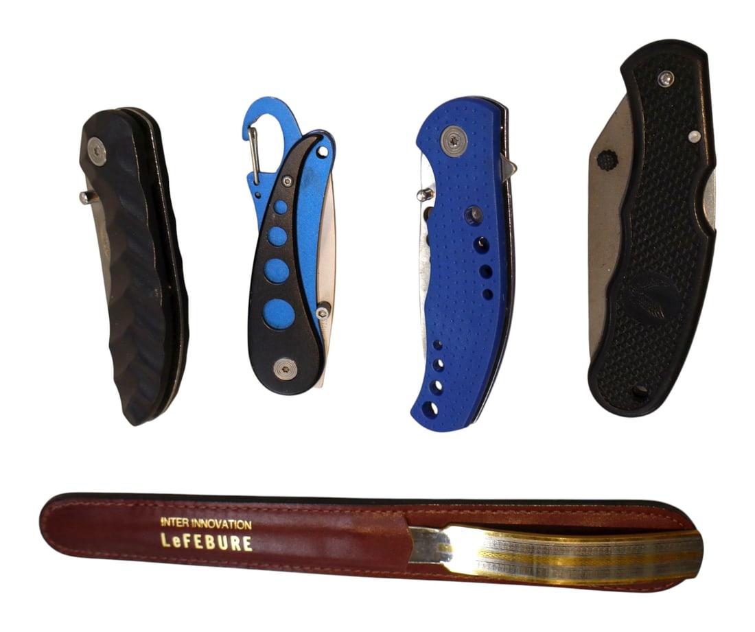 4 folding pocket knives and a LeFebure letter opener: 4 folding pocket knives and a LeFebure letter opener