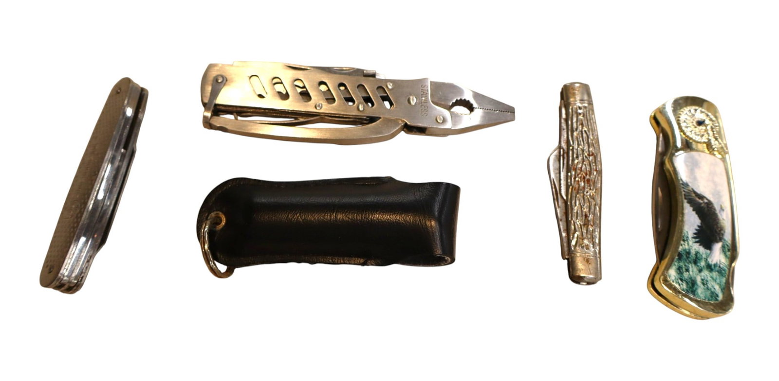 5pc lot: 3 folding pocket knives, multi tool & mace in a case (1 of 3)