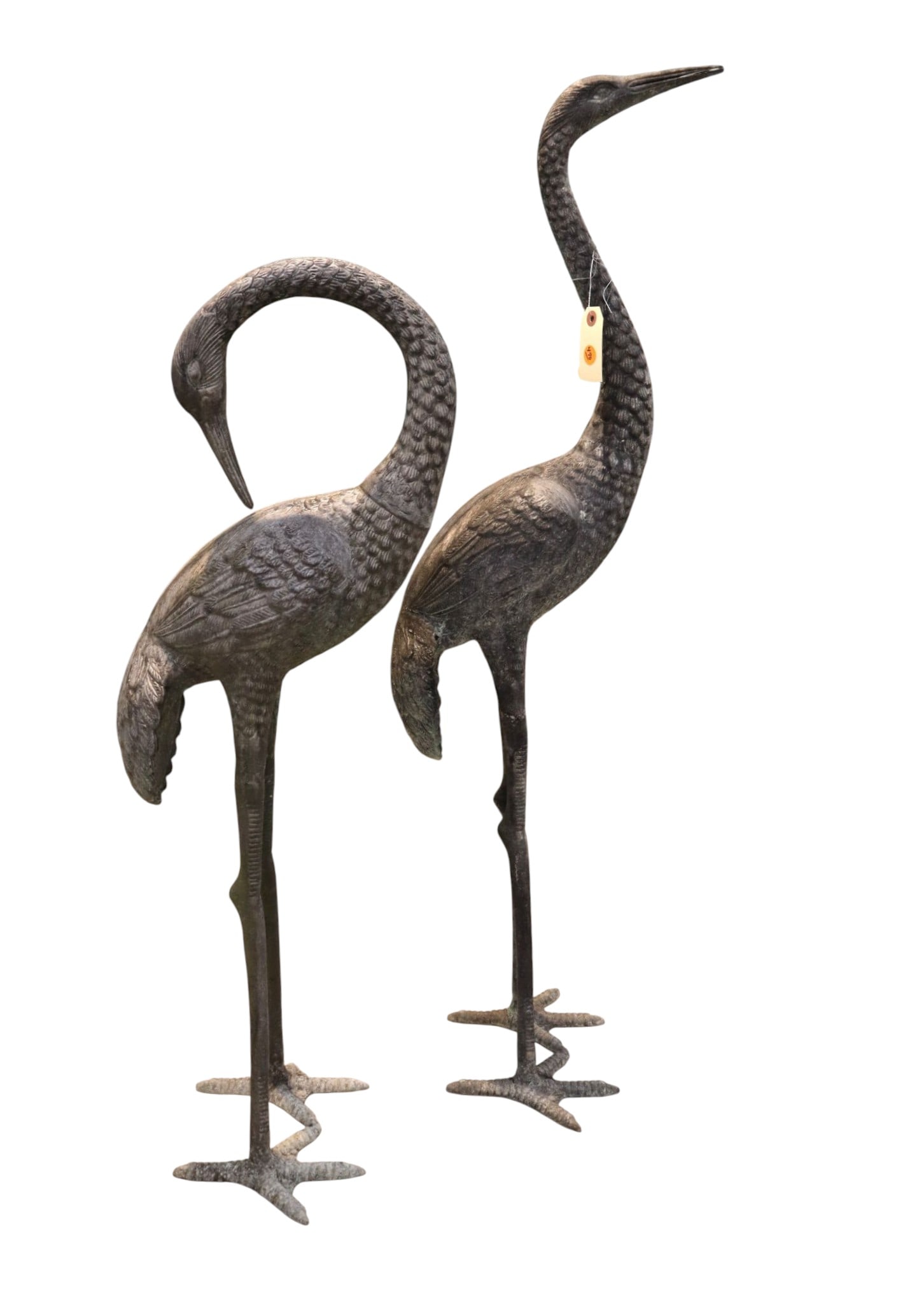 Pair of vintage cast aluminum garden herons: Pair of vintage cast aluminum garden herons, original finish, structurally sound and in good condition. 42"h, other 35"h and missing 1 toe see photos.
