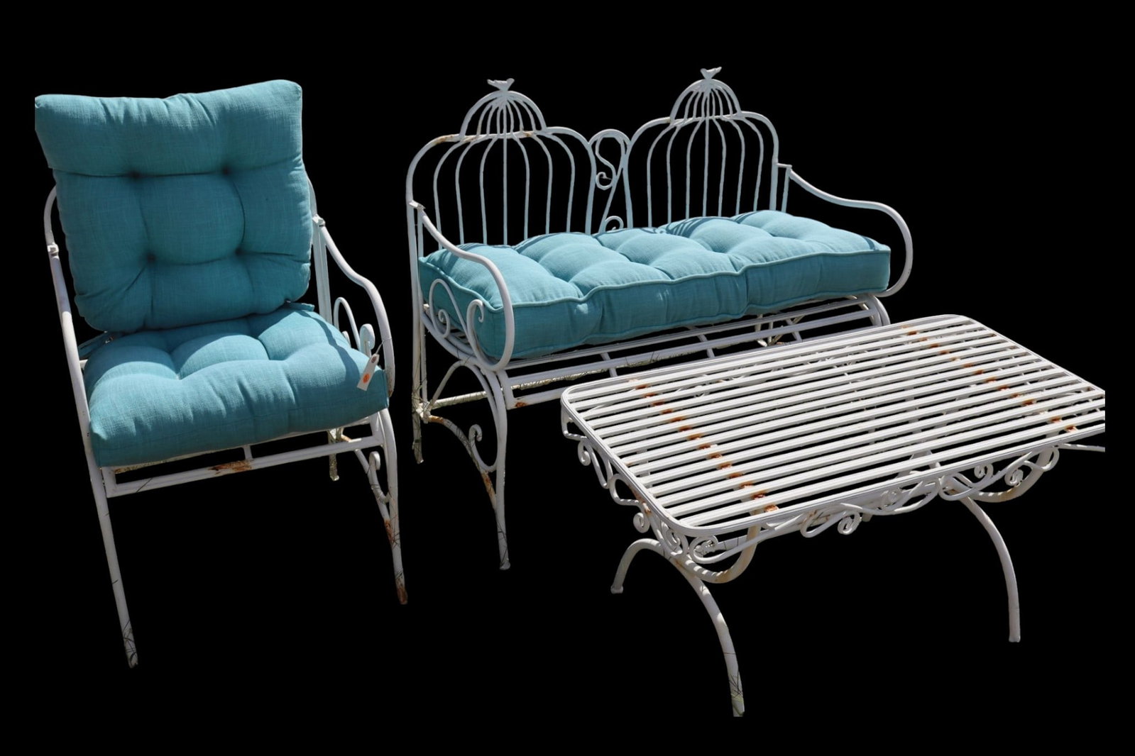 Vintage 3 Pc Birdcage Wrought Iron Patio Bench Set (1 of 7)