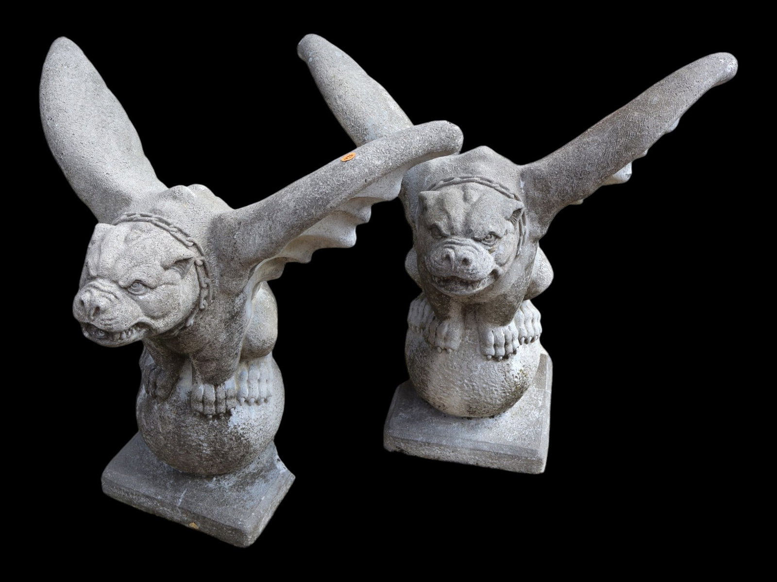 Pair of cast stone winged gargoyles: Pair of cast stone winged gargoyles, nice detail on faces, structurally sound need repair on corners great for Halloween. Ea. 26.5"h x 26.5"w x 18"d