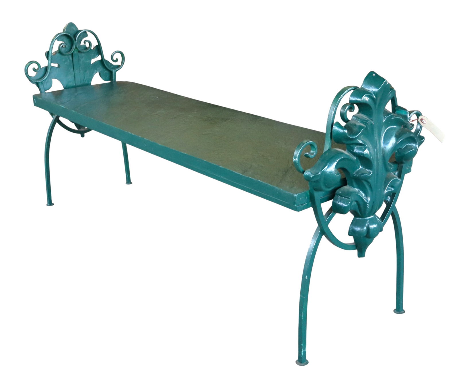 Ornate vtg iron & composition garden bench: Ornate vintage iron and composition garden bench in hunter green paint, structurally sound. 25"h x 57"w x 15"d seat height of 16"