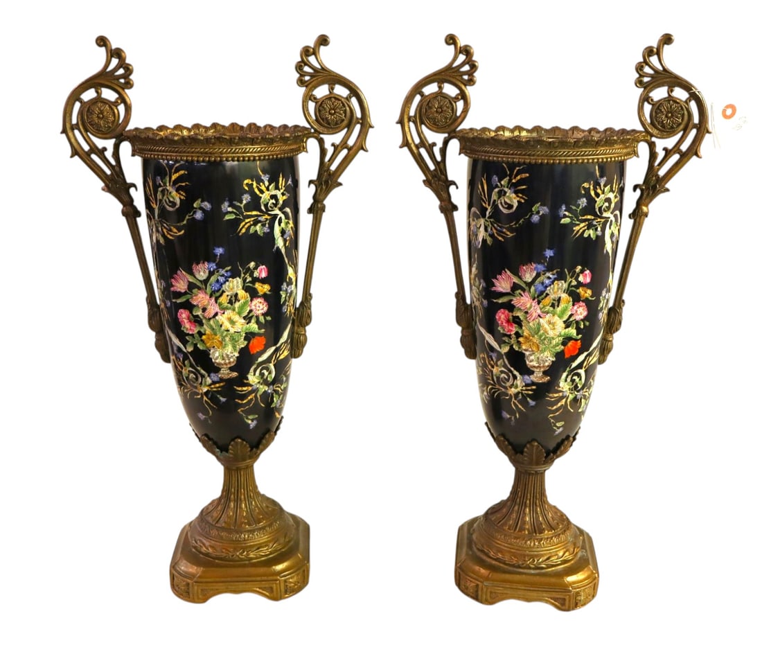 PR French style bronze wrap and floral porcelain urns (1 of 9)