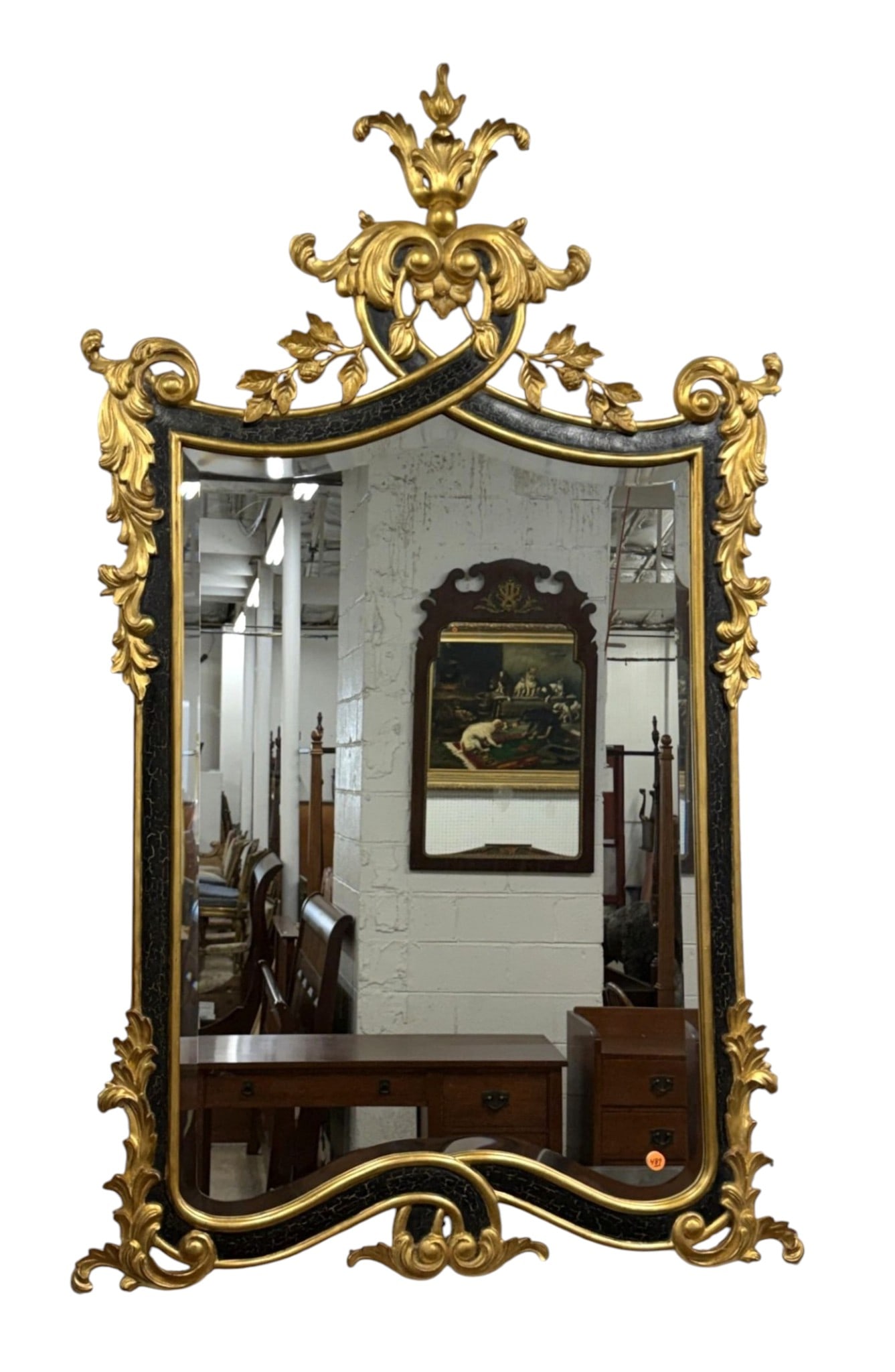 Vintage Harrison Gil Dauphine Gilt Carved Mirror: Quality Dauphine Harrison & Gil bevel glass hand carved wood and gilt decorator mirror no. 5770 C150 RCD1 0012 structurally sound one piece of carving has been repaired see photos. 52"h x 32"w x 1.5"d
