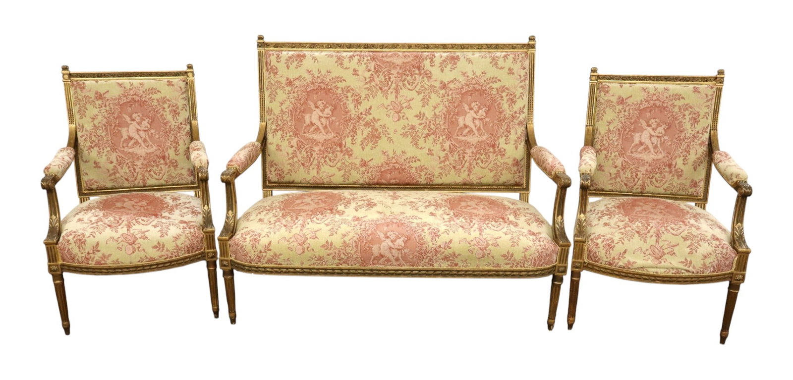 3 piece antique French salon set w/orig. cherub upholstery: 3 piece antique French salon set with original cherub upholstery in gilt wood one chair the webbing is loose. Chairs 39"h x 26"w x 24"d seat height 17.5". Loveseat 44"h x 56"w x 28"d seat height 17"