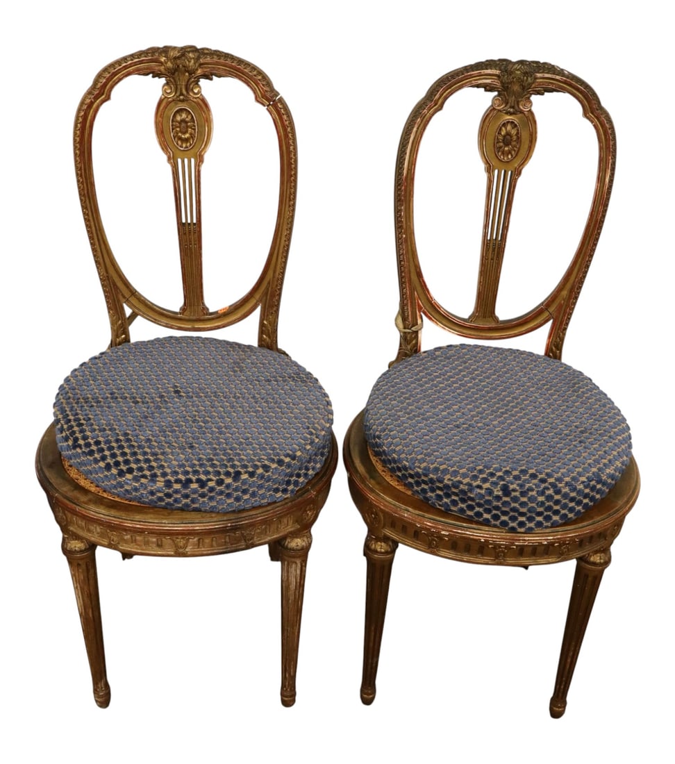 Pair of antique French caned music chairs: Pair of antique French caned music chairs original finish gold gilt wood frame, cane looks good, do have patina. 36.5"h x 17"w x 17"d with cushion seat height of 20"