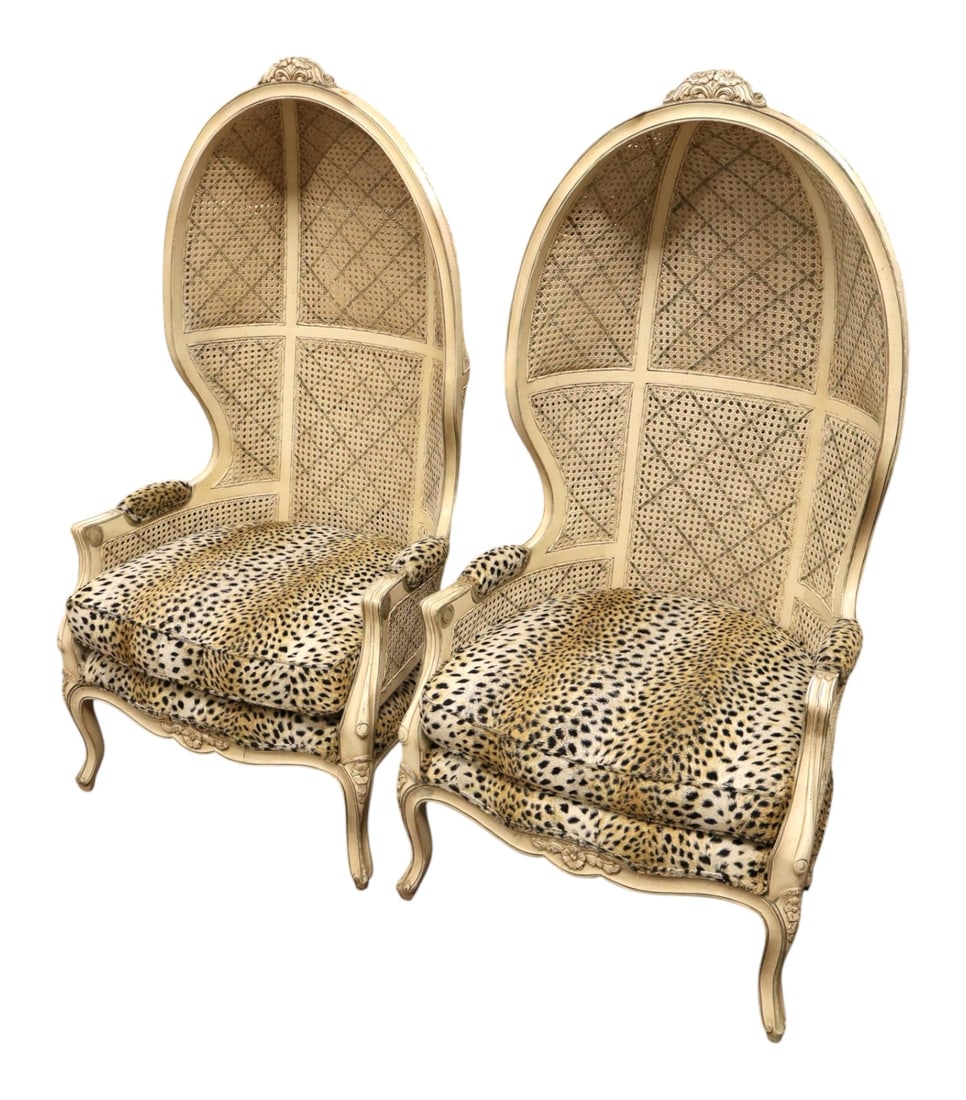 Great PR VTG double cane hooded porter chairs: Great pair of vintage double cane hooded porter chairs with leopard print upholstery, upholstery looks good, original paint, structurally sound and in good condition no noticeable issues. Ea. 60"h x 3