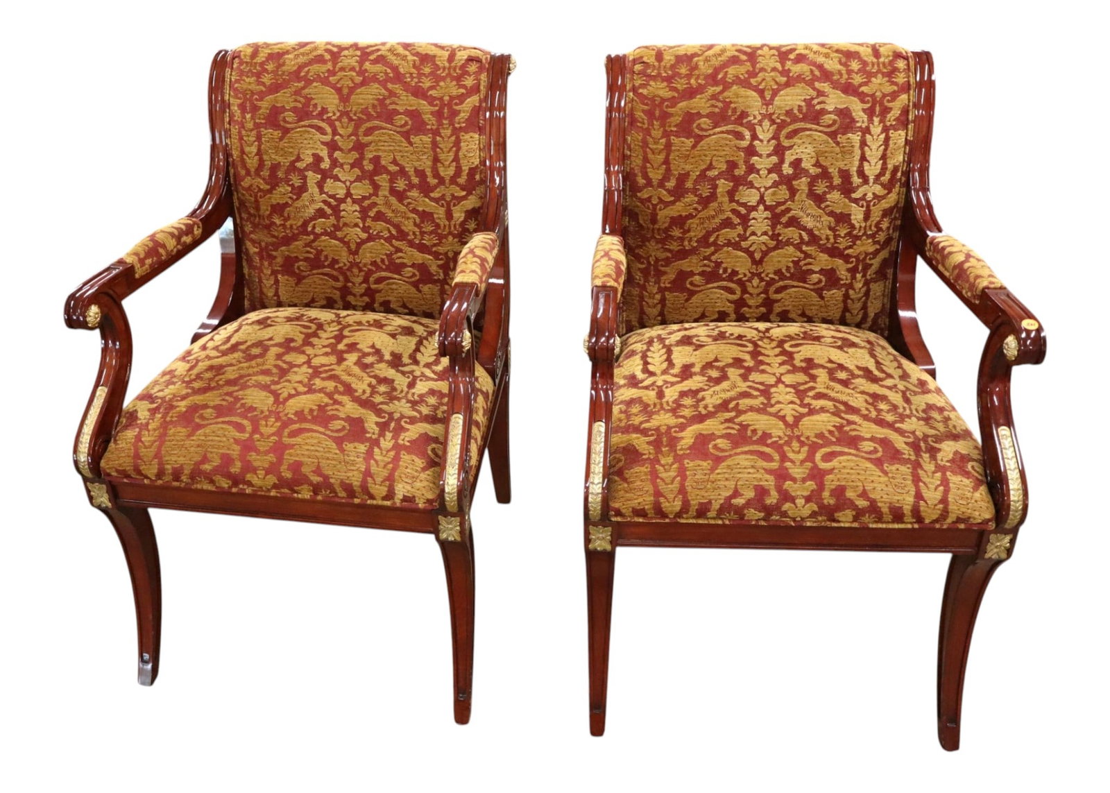 Quality PR IT sculptured mixed animal uph arm chairs: Quality pair of Italian sculptured mixed animal upholstery and mahogany lacquer arm chairs attributed Infinity Furniture, original finish, structurally sound and in good condition no noticeable issues