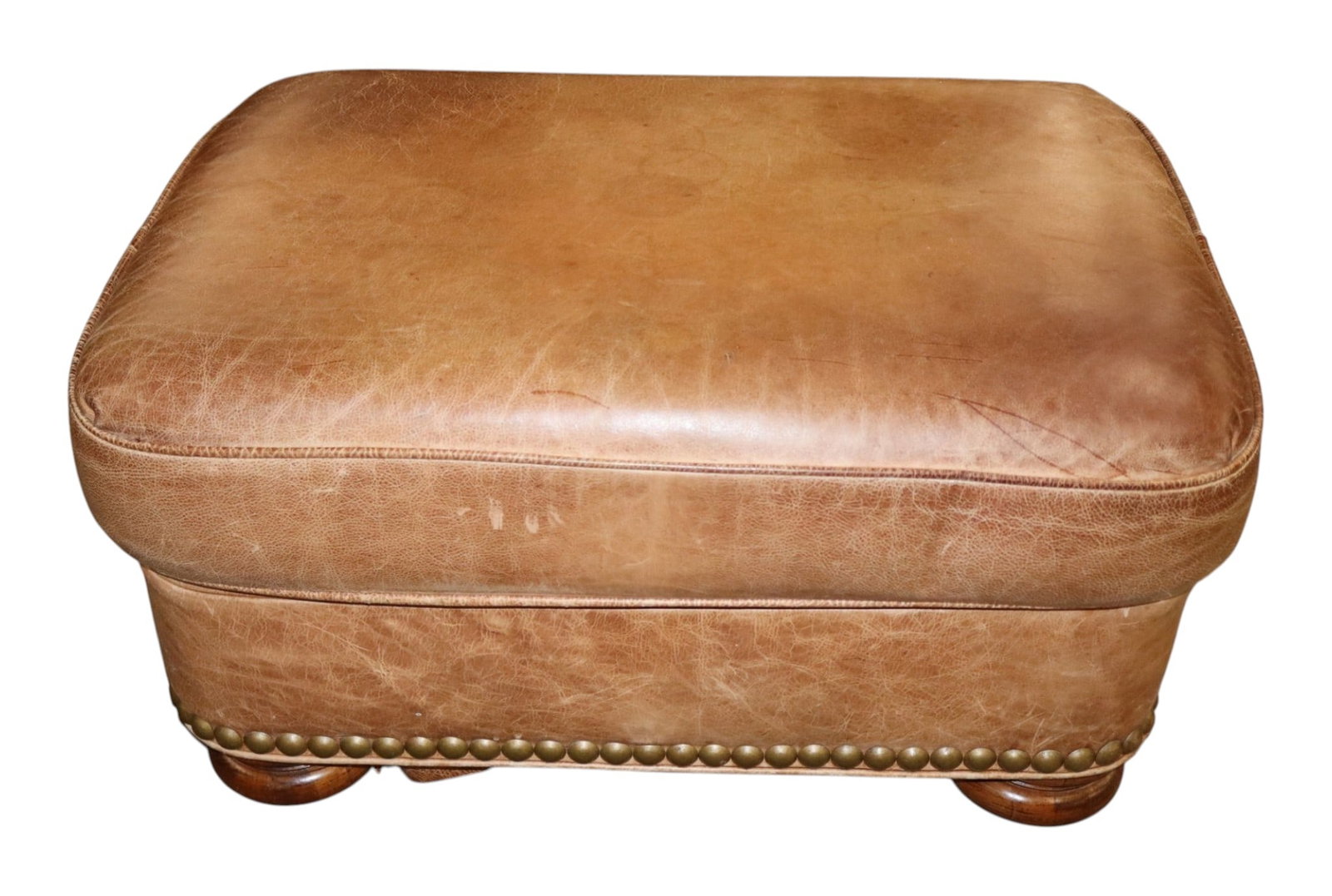 Vintage Hancock and Moore leather ottoman: Vintage Hancock and Moore leather ottoman, leather has patina and one seam is loose, good look to it, structurally sound. 16"h x 31.5"w x 22"d
