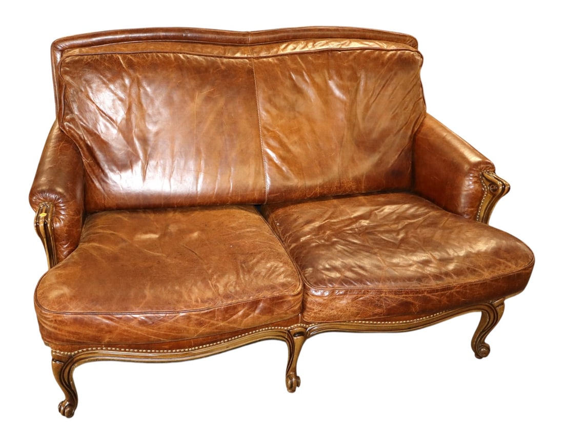 Nice VTG FR style quality 2 cushion leather love seat: Nice vintage French style quality 2 cushion leather love seat, structurally sound and leather is soft with patina. 37.5"h x 60"w x 34"d seat height 18" Match lot 508