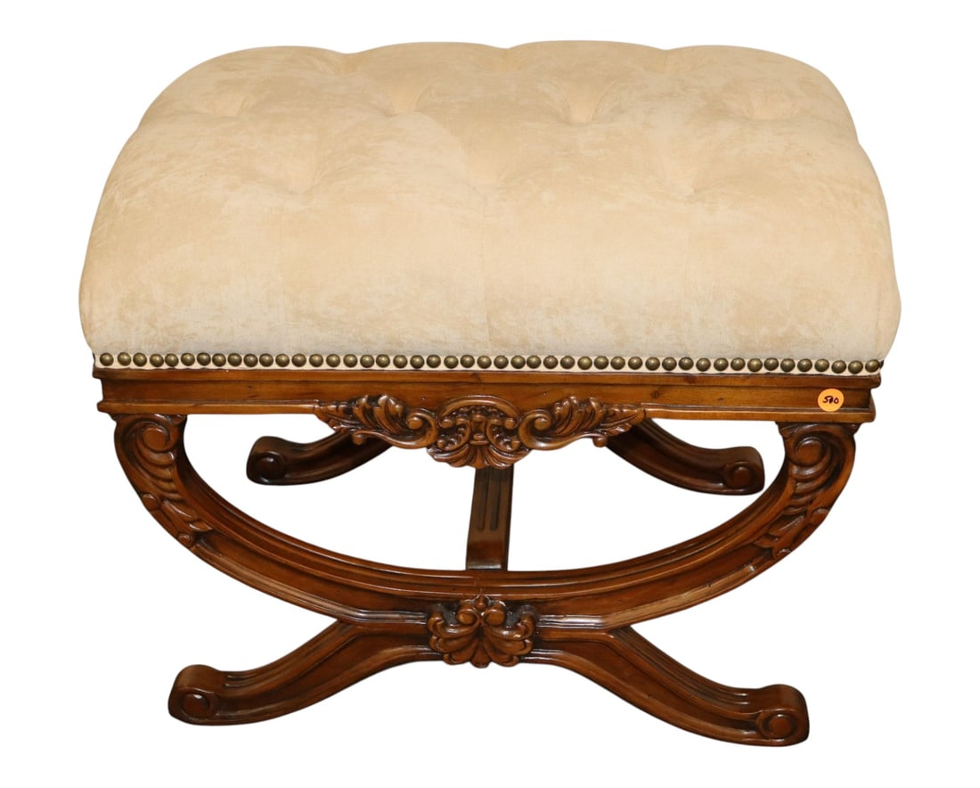 Frontgate Carved Walnut Button-Tuft X-Frame Ottoman: Frontgate Furniture carved and upholstered button tuft X-frame ottoman, original antique walnut finish, upholstery looks good, structurally sound and in good condition. 20"h x 24"l x 17"d Match lot 51