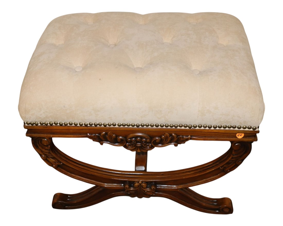 Frontgate Walnut Carved Button-Tuft X-Frame Ottoman: Frontgate Furniture carved and upholstered button tuft X-frame ottoman, original antique walnut finish, upholstery looks good, structurally sound and in good condition. 20"h x 24"l x 17"d Match lot 51