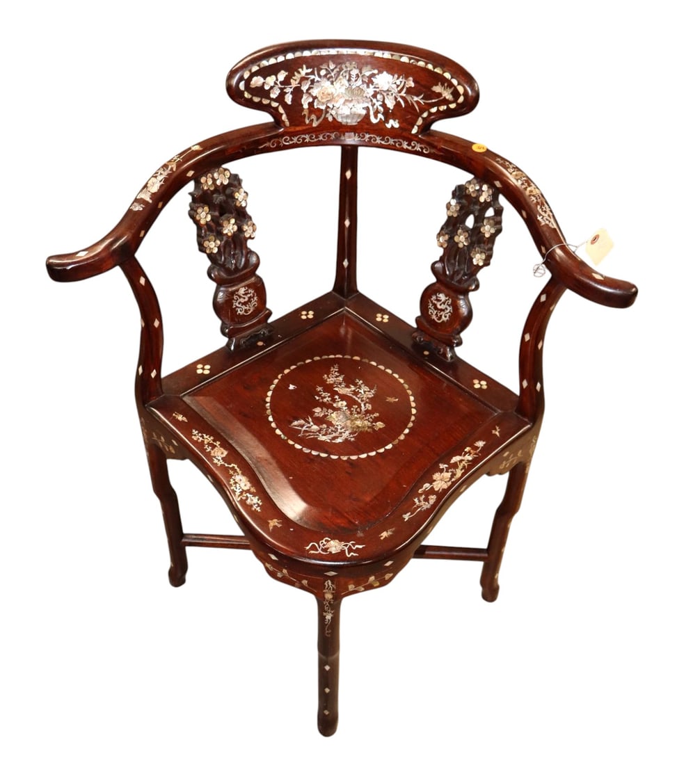 Vtg rosewood Asian mother of pearl inlaid corner chair: Vintage rosewood Asian and mother of pearl inlaid corner chair, original finish, structurally sound and in good condition no issues seen. 33"h x 27"w x 22"d seat height 18"