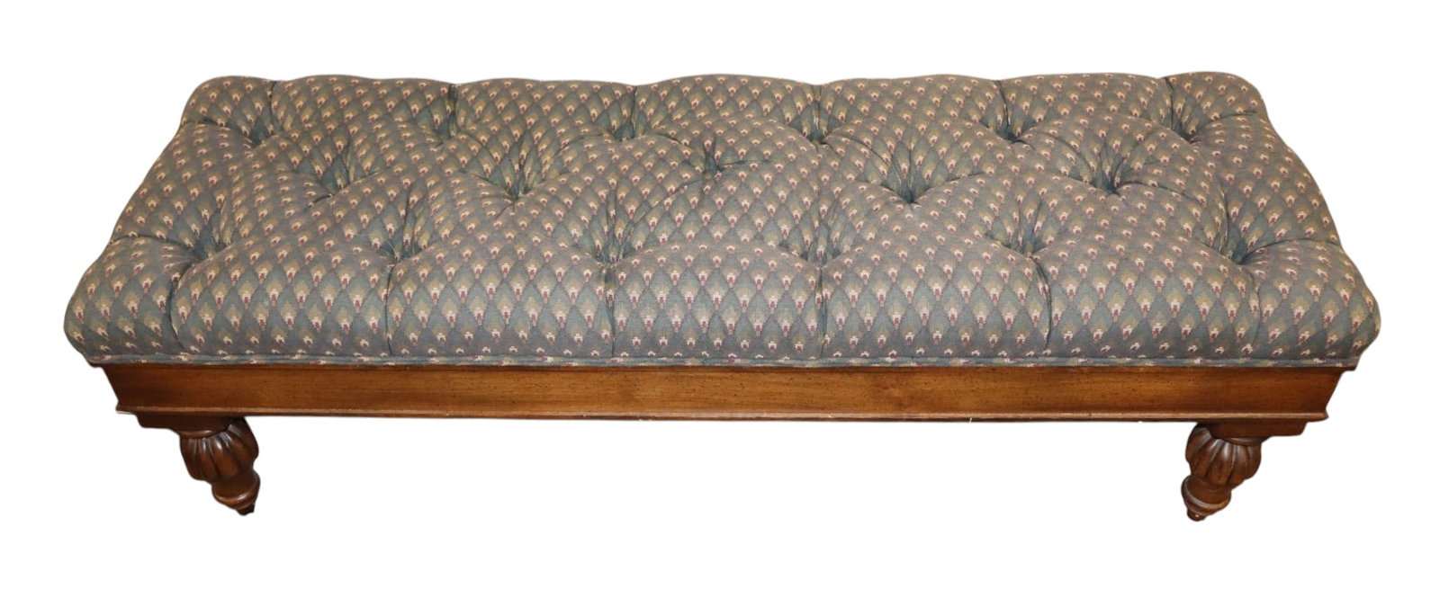 Upholstered mahogany button tuft end of the bed bench: Upholstered mahogany button tuft end of the bed bench, structurally sound and in good condition but one button is popped but there. 17"h x 54"l x 18"d