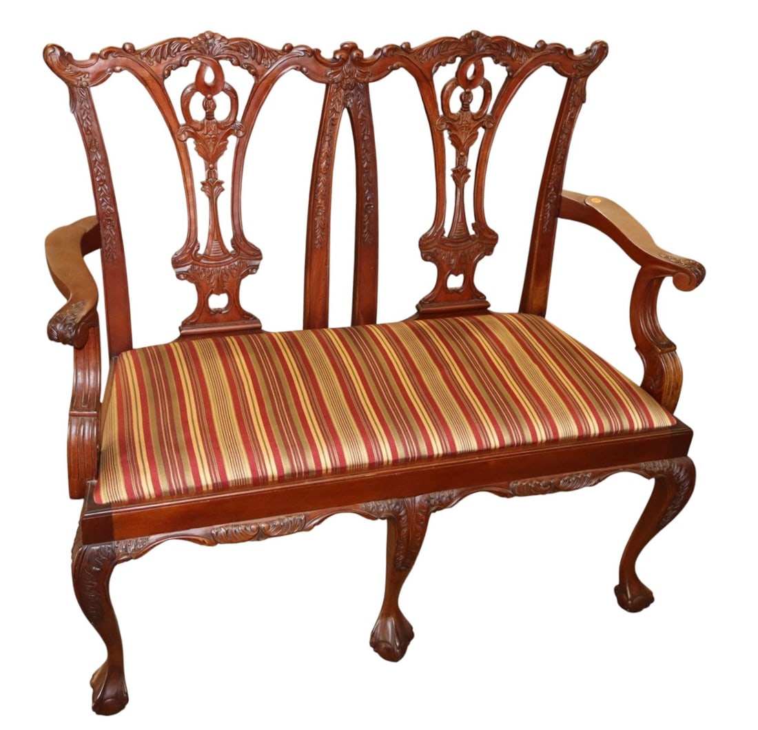 Solid mahogany Chippendale style double arm bench (1 of 5)