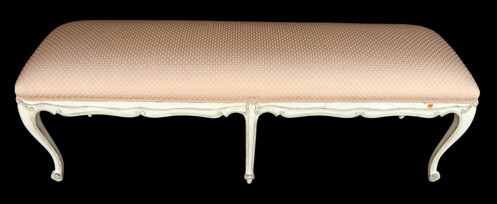 French style 6 legged upholstered window bench: Nice French style 6 legged upholstered window bench in white painted frame with green accents, upholstery is nice and clean structurally sound and in good condition. 19.5"h x 58"l x 18"w