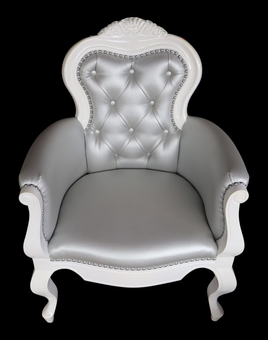 White lacquer button tuft decor chair in silver fabric (1 of 4)