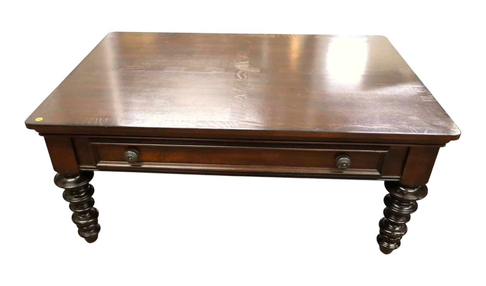 Contemporary turn leg 1 drawer cocktail table (1 of 7)