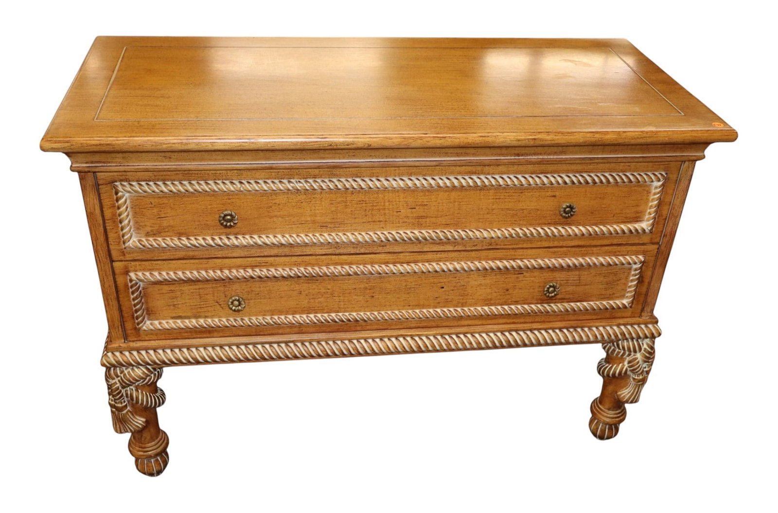 Contemporary cottage style 2 drawer decorator chest: Contemporary cottage style 2 drawer decorator chest in distressed decorator finish, original finish, structurally sound. 32"h x 45.5"w x 20"d