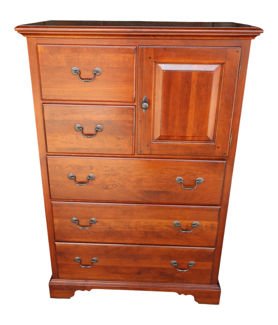Vintage Lexington solid cherry bonnet top high chest: Vintage Lexington solid cherry bonnet top high chest, original finish, structurally sound good condition for age. 53.5"h x 36"w x 19"d