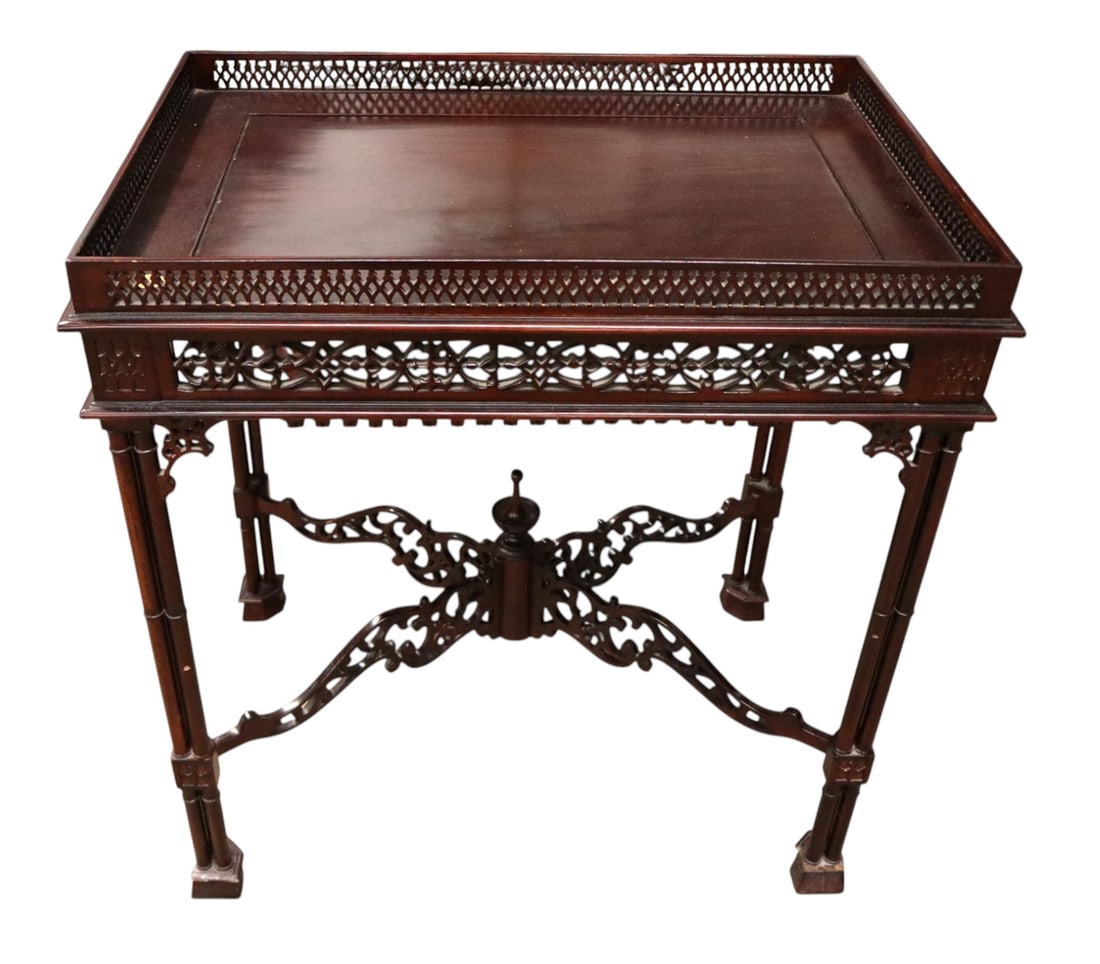 Solid mahog Chinese Chipp. carved table with gallery (1 of 5)