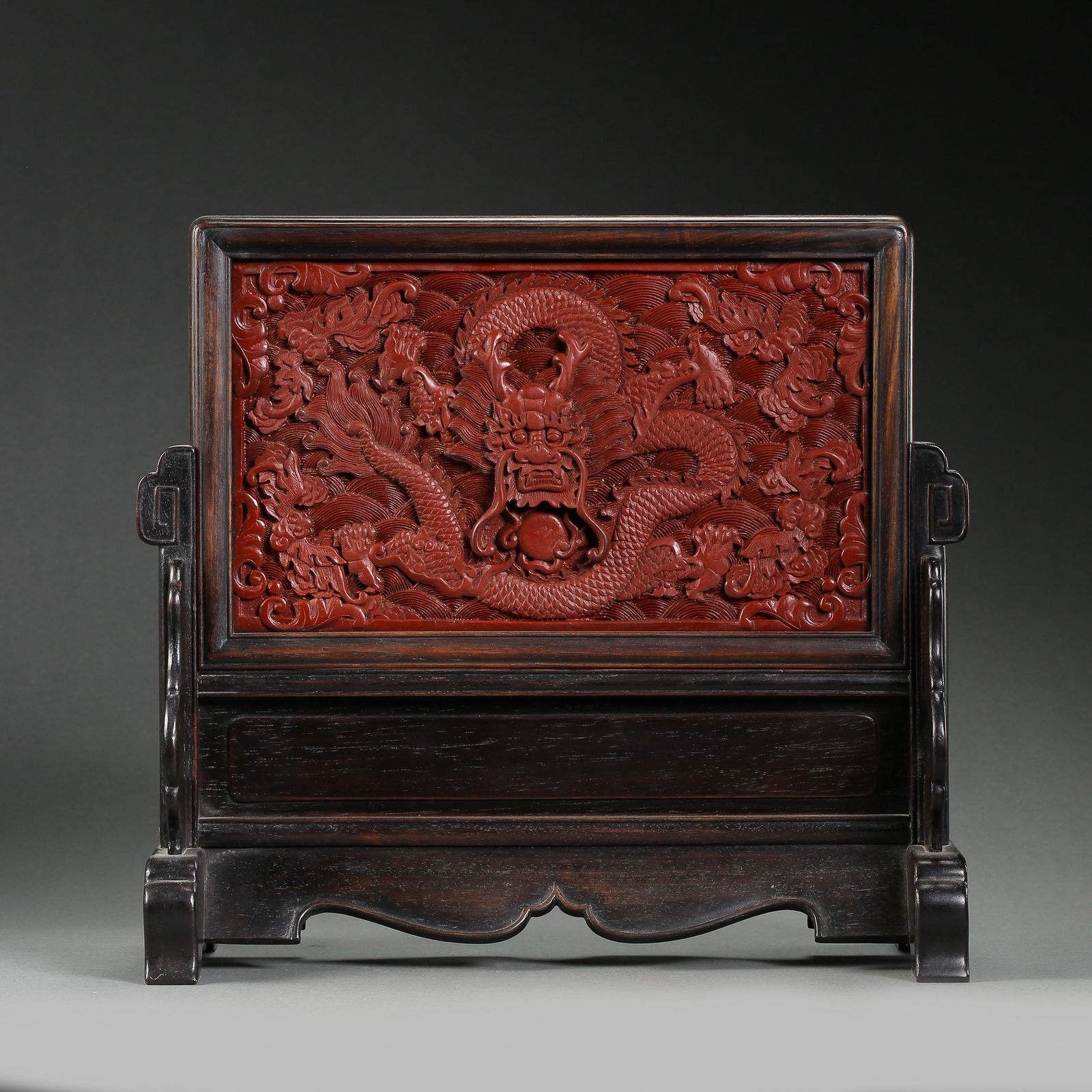 QING DYNASTY, CHINESE RED CARVED LACQUER SCREEN (1 of 8)
