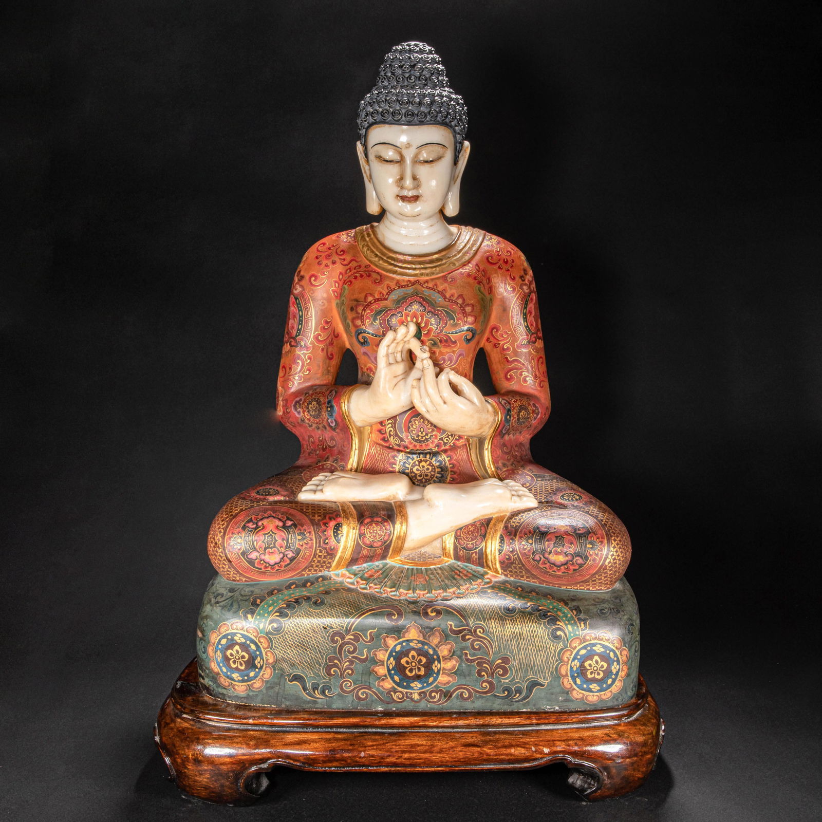 CHINESE WHITE MARBLE PAINTED GOLD BUDDHA STATUE, QING DYNASTY (1 of 11)