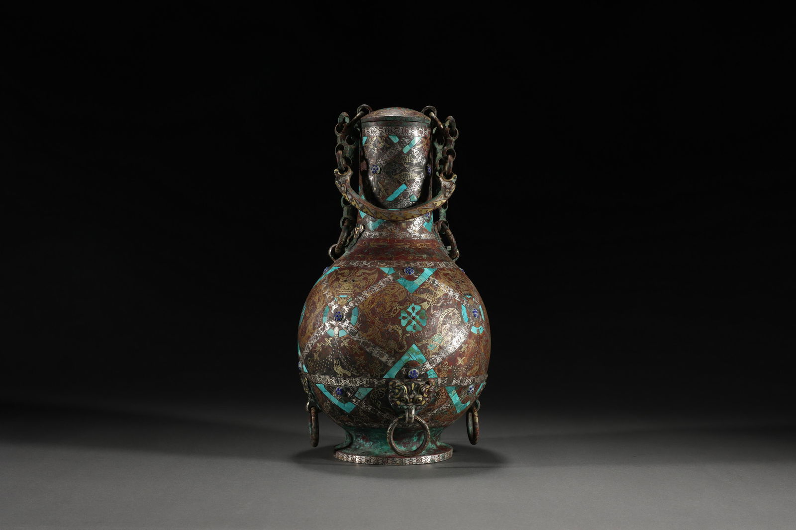 HAN DYNASTY GIRDER BOTTLE INLAID WITH GOLD AND SILVER (1 of 14)