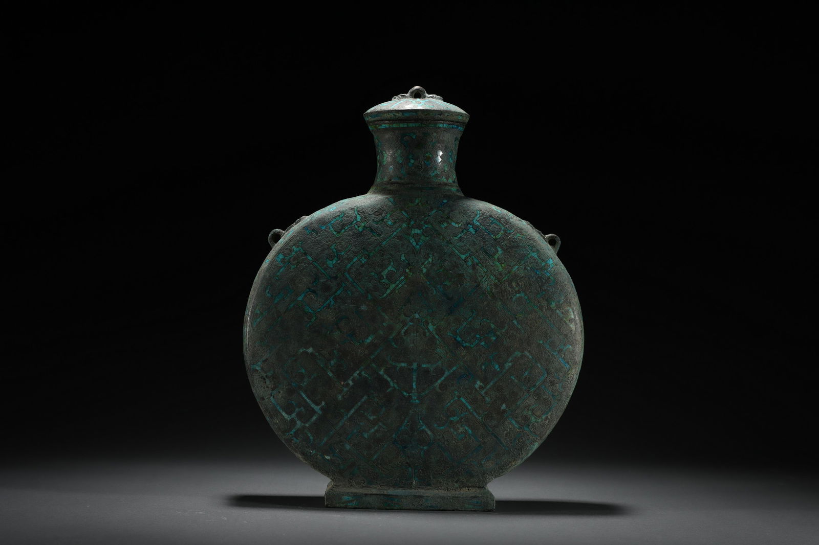 HAN DYNASTY FLAT POT INLAID WITH GOLD, SILVER, AND TURQUOISES (1 of 12)