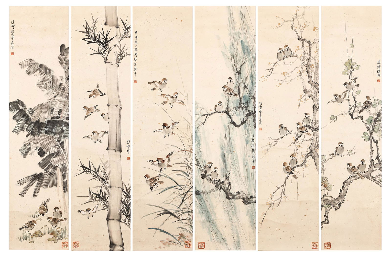 CHINESE INK PAINTING, SIX SCREENS OF FLOWERS AND BIRDS BY XU BEIHONG (1 of 18)