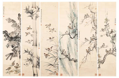 CHINESE INK PAINTING, SIX SCREENS OF FLOWERS AND BIRDS BY XU BEIHONG: CHINESE INK PAINTING, SIX SCREENS OF FLOWERS AND BIRDS BY XU BEIHONGH135.5cm, W34.5cm