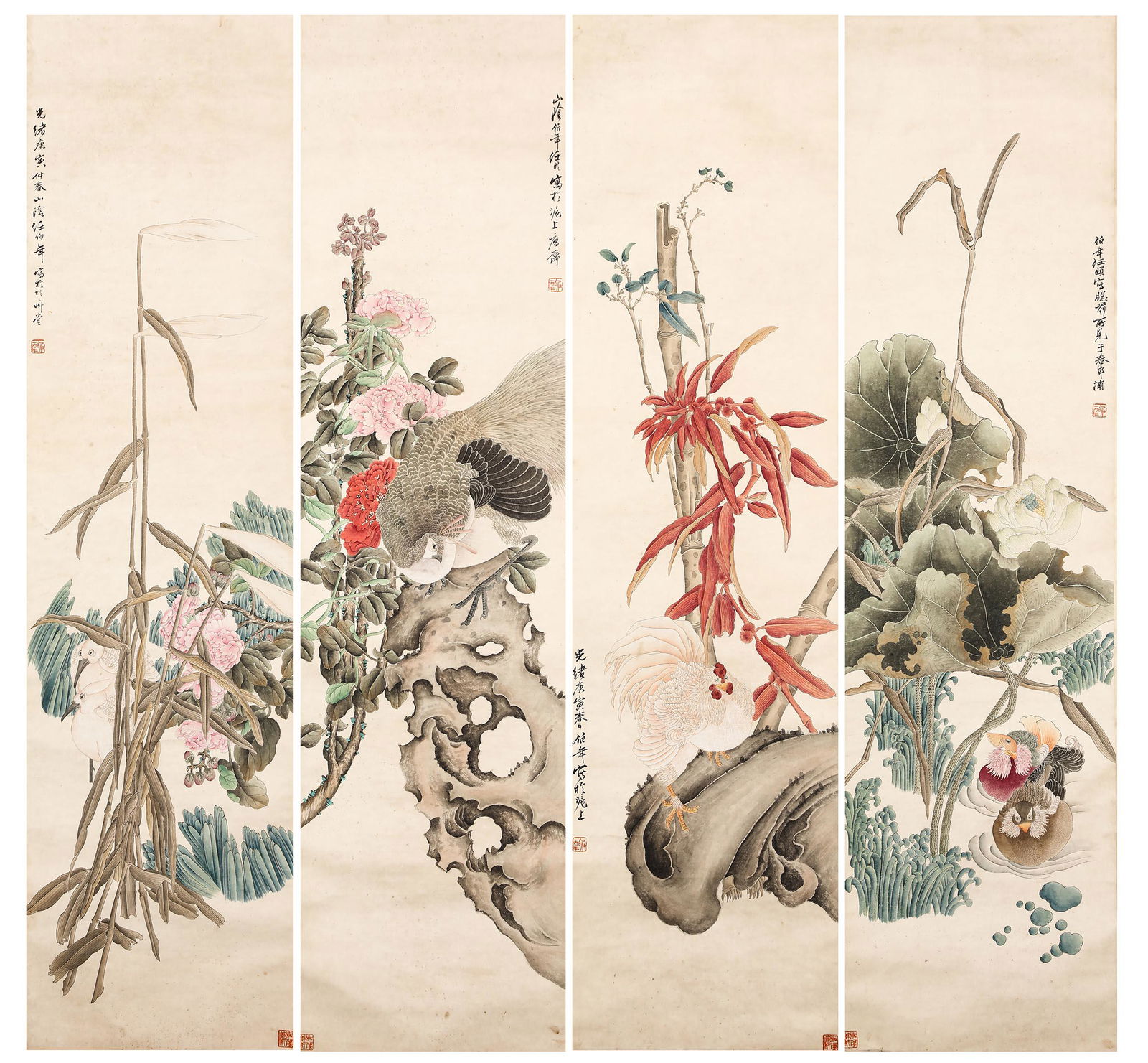 CHINESE INK PAINTING, FLOWERS FOUR SCREENS BY REN BONIAN (1 of 15)