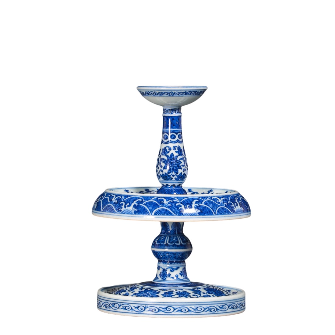 QING DYNASTY BLUE AND WHITE SEAWATER FLORAL CANDLESTICK (1 of 6)