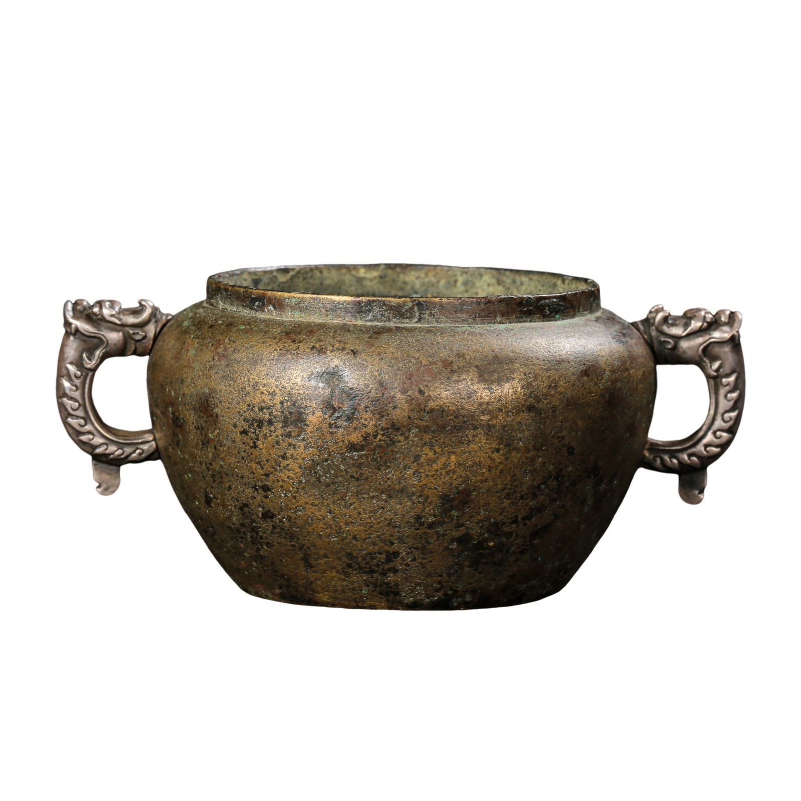 Chinese Ming Dynasty gilt copper double dragon ear jar: H. 5 cm. W. 10.5 cm. Weight 102 gram.