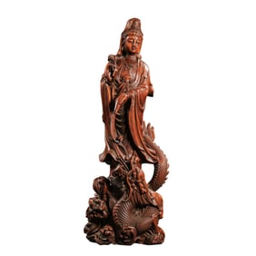 Chinese Qing Dynasty woodcarving Guanyin standing figure