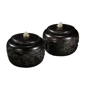 A pair, china Qing Dynasty rosewood carved cover jars