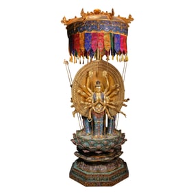 Chinese Qing Dynasty copper body cloisonne enamel colored Guanyin standing figure