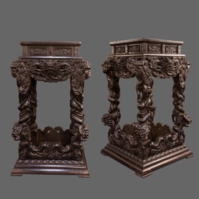 A pair of Qing Dynasty red sandalwood dragon pattern flower tables