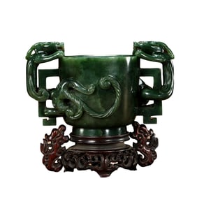 chinese Qing Dynasty Hetian jade double dragon ear cup