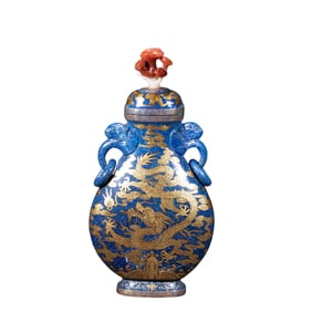chinese Qing Dynasty lapis lazuli gold dragon pattern double ring ear lidded bottle