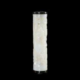 Chinese Qing Dynasty Hetian white jade carved inlaid with Hetian jasper incense tube