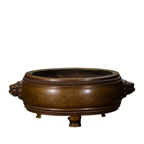 Chinese Ming Dynasty double-beast-eared three-legged copper incense burner