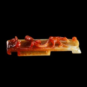 Chinese Han Dynasty white jade red-stained dragon jade belt buckle