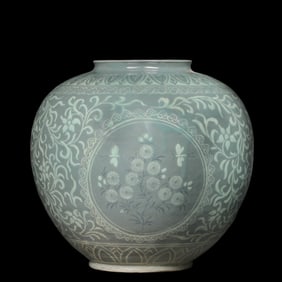 Korean Celadon Black and White Inlaid Flower Pattern Jar