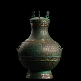 chinese Warring States Period gold and silver inlaid double-headed covered pot