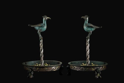 chinese Warring States Period gold and silver inlaid turquoise phoenix-shaped lampstand