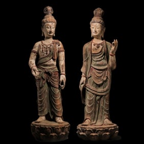 A pair, china Song Dynasty clay painted standing Buddha statues