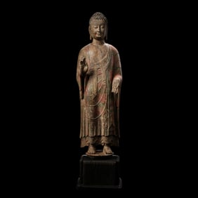 Chinese Northern Wei Dynasty bluestone painted standing Buddha statue