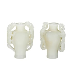 A pair, china Qing Dynasty Hetian white jade dragon and phoenix pattern double-eared snuff bottles
